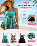 Colorblock Printed V Neck Dress and Shorts Two-piece Swimsuit Set
