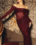 Christmas Sexy Sparkly Off-shoulder Fitted Sheer Mesh Long Dress