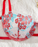 Sexy Flower Embroidered Mesh Lace Gathered Bra Set
