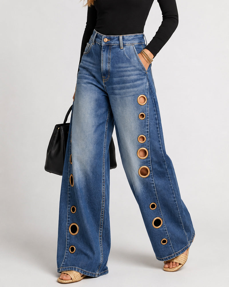 Casual Loose Metal Perforations High Waist Wide-leg Washed Jeans