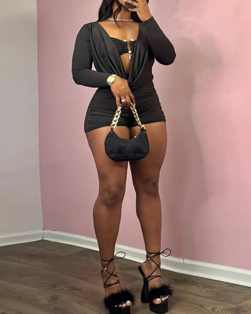 Women's Casual Two-in-one Draped Design Slim-fit Long-sleeved Jumpsuit