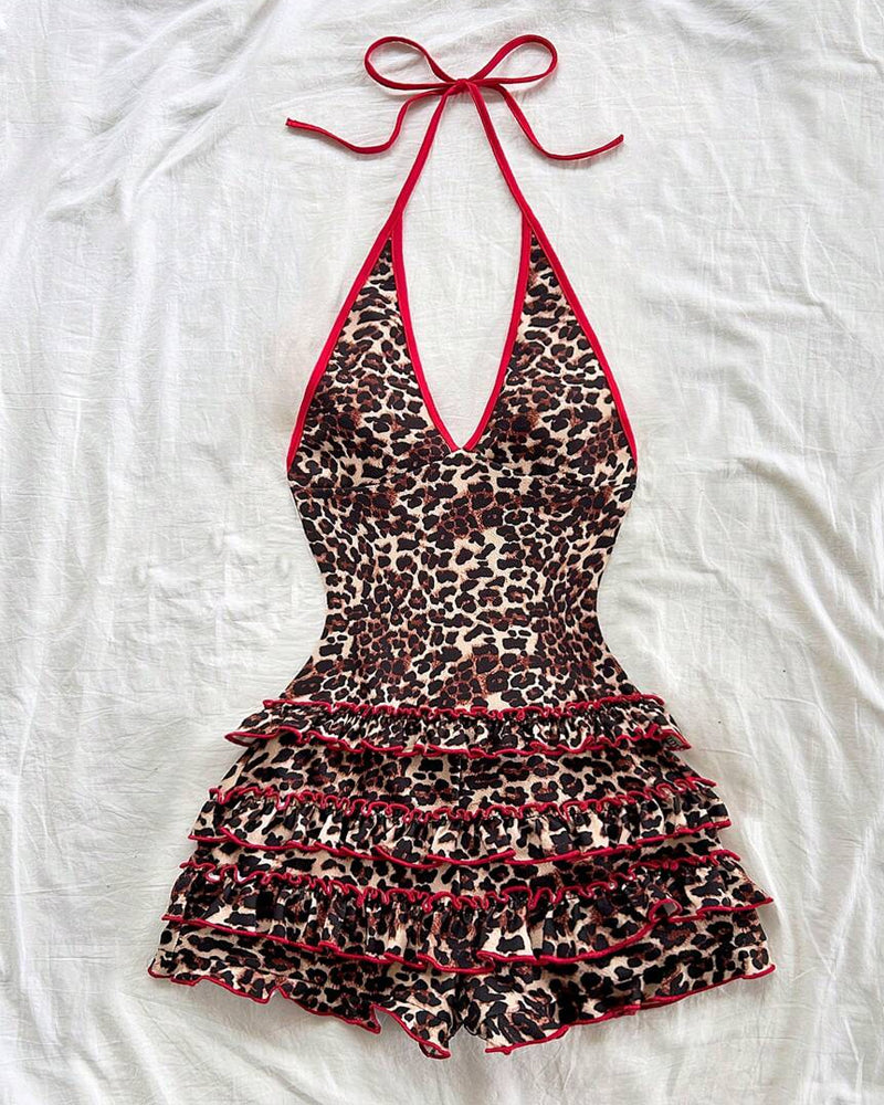Women's Retro Leopard Print V-Neck Backless One-piece Swimsuit