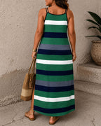 Women's Rainbow Striped V Neck Spaghetti Strap Long Dress