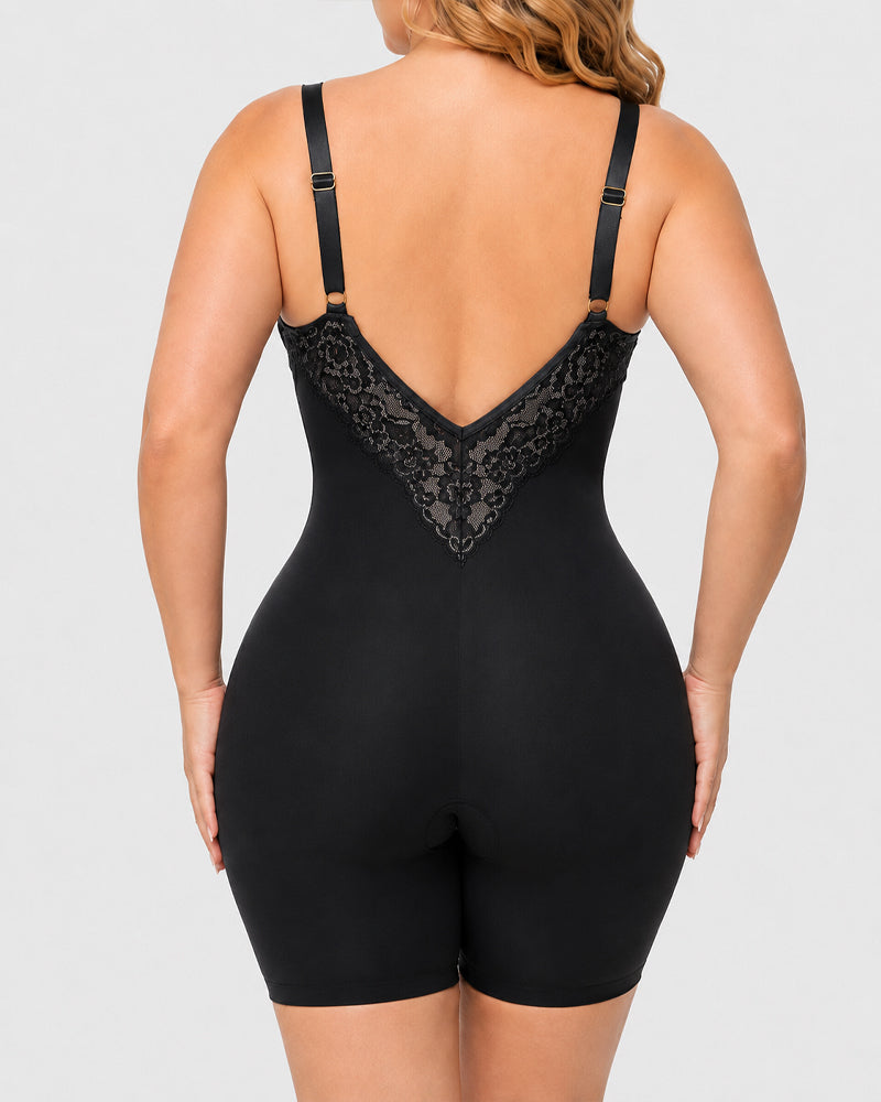 Women's V Neck Lace Stretch Seamless Bodysuit Shapewear