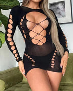 Sexy Fishnet Long-sleeved Backless Hollow Stretch Hip Dress