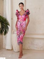 Ruffled Blooming Flowers Print One Piece Swimsuit and Sarong