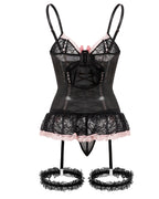 Gathered Contrast Color Sexy See-Through Lace Bow With Leg Cover Pajamas Set