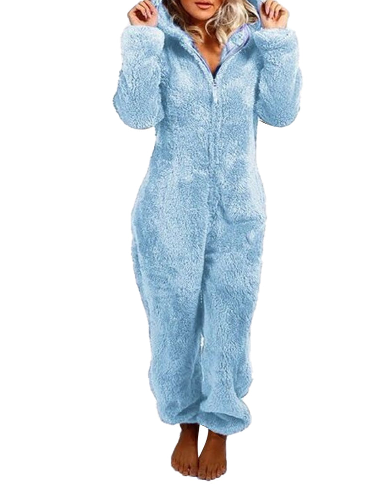 Teddy Bear Ear Zipper Hooded Plush Long-Sleeved Pants Onesie Pajamas
