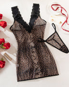 Sexy Deep V Lace Mesh Tie-up See-Through Nightdress Set