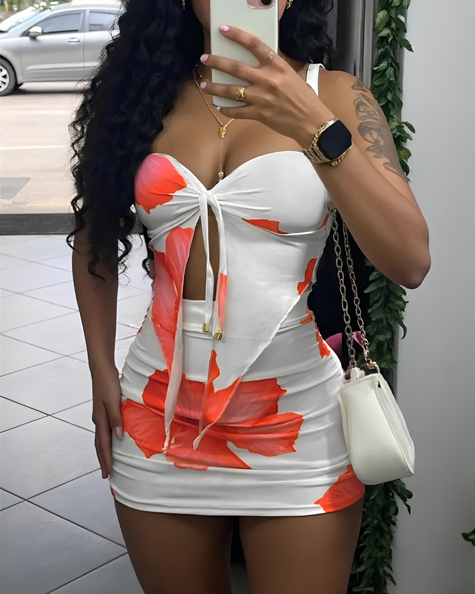 Beach Vacation Floral Print Strapless Top and Tight Skirt Set
