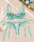 Sexy Flower Embroidered Mesh Lace Gathered Bra Set