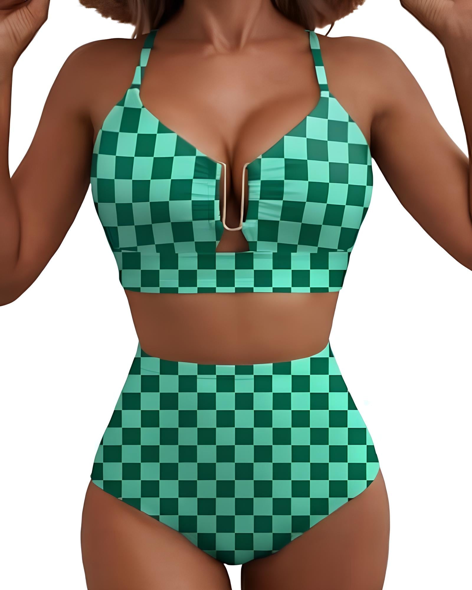 Women's V-neck Floral High-waisted Tummy-control Bikini Swimsuit