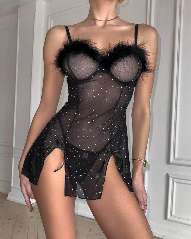 Sexy Rhinestone Feather Patchwork See-Through Elastic Mesh Slit Lingerie Nightgown