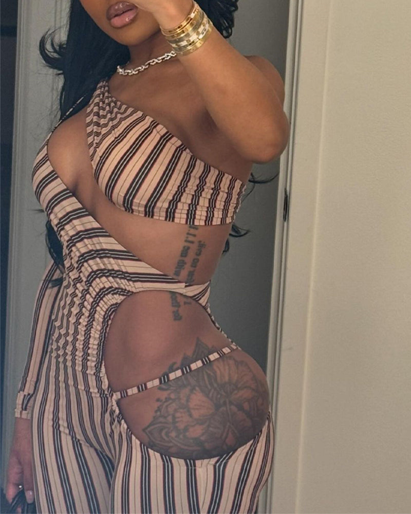 Sexy Striped Colorblock One-shoulder Cutout Long-sleeved Stretch Jumpsuit