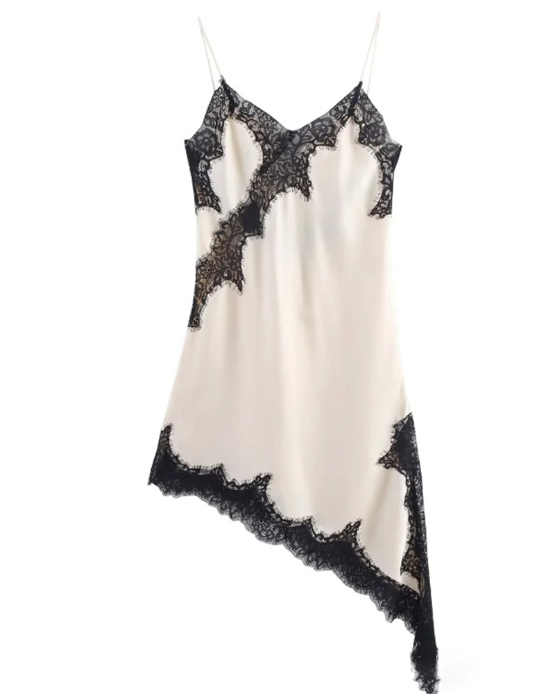 Sexy V-neck Ice Silk Lace Patchwork Asymmetrical Casual Suspender Mini Dress
