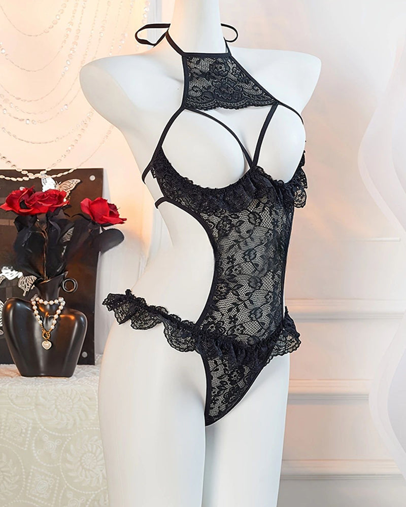 Sexy Halter Neck Floral Lace See-through Cutout Bust Bodysuit Lingerie
