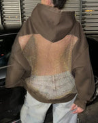 Fashion Solid Color Backless Cutout Mesh Panel Long-sleeved Hooded Sweatshirt
