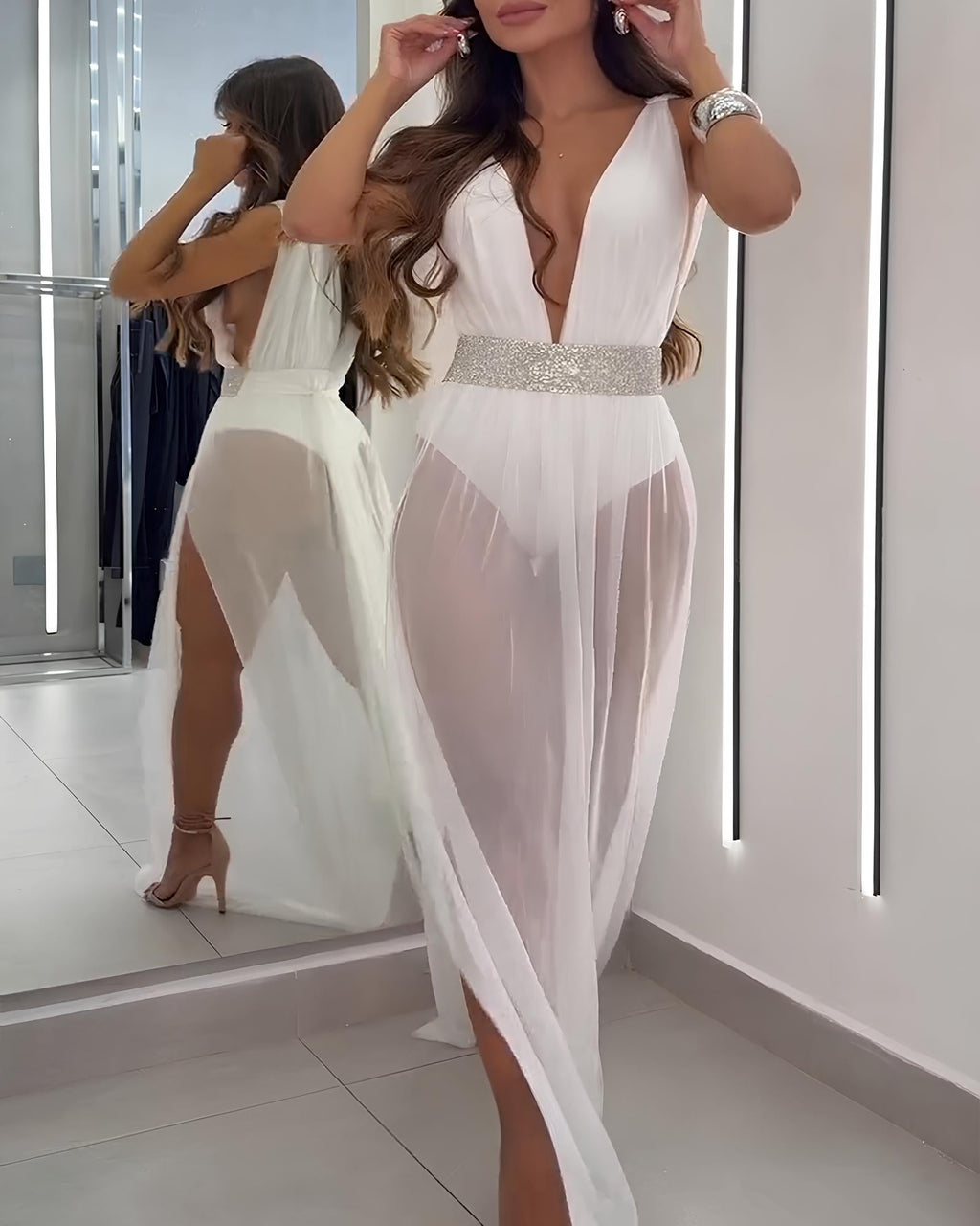 Sexy Deep V Sleeveless White Mesh Slit Long Beach Vacation Dress