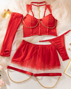 Sexy See-Through Mesh Skirt Uniform Lingerie Set With Gloves