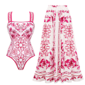 Sling Lily and Majolica Series Pattern Print One Piece Swimsuit and Skirt or Pants