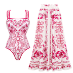 Sling Lily and Majolica Series Pattern Print One Piece Swimsuit and Skirt or Pants