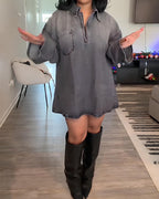 Stylish Collared Loose Denim Long-sleeved Dress