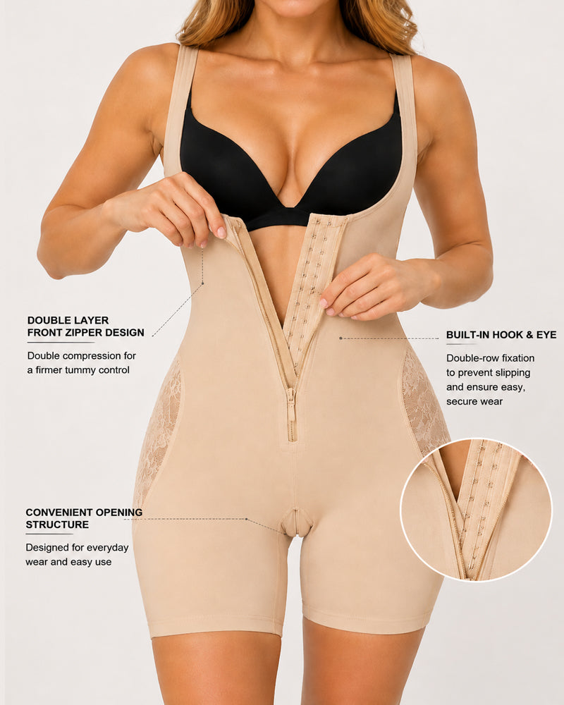 Open Bust Tummy Control with Zipper See-through Mesh Seamless Shapewear