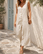 Casual Cotton Linen Deep V Button Sleeveless Wide-leg Jumpsuit