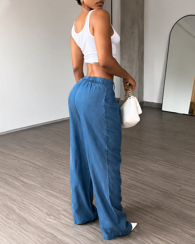 High Waist Pleated Tencel Faux Denim Wide-leg Pants