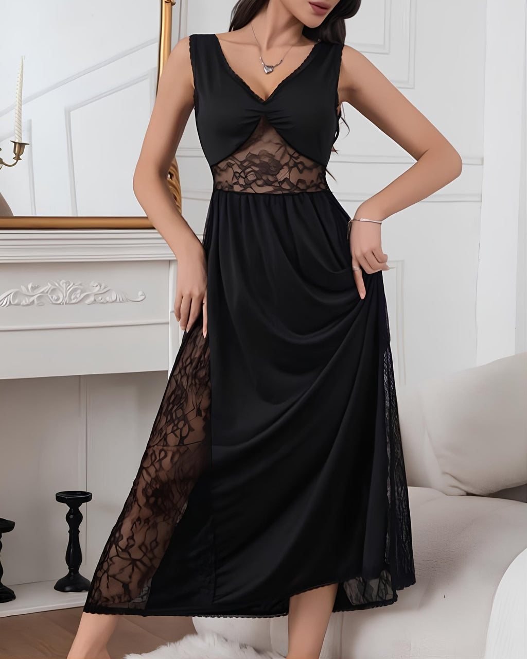 Sexy Deep V See-through Lace Patchwork Long Nightgow