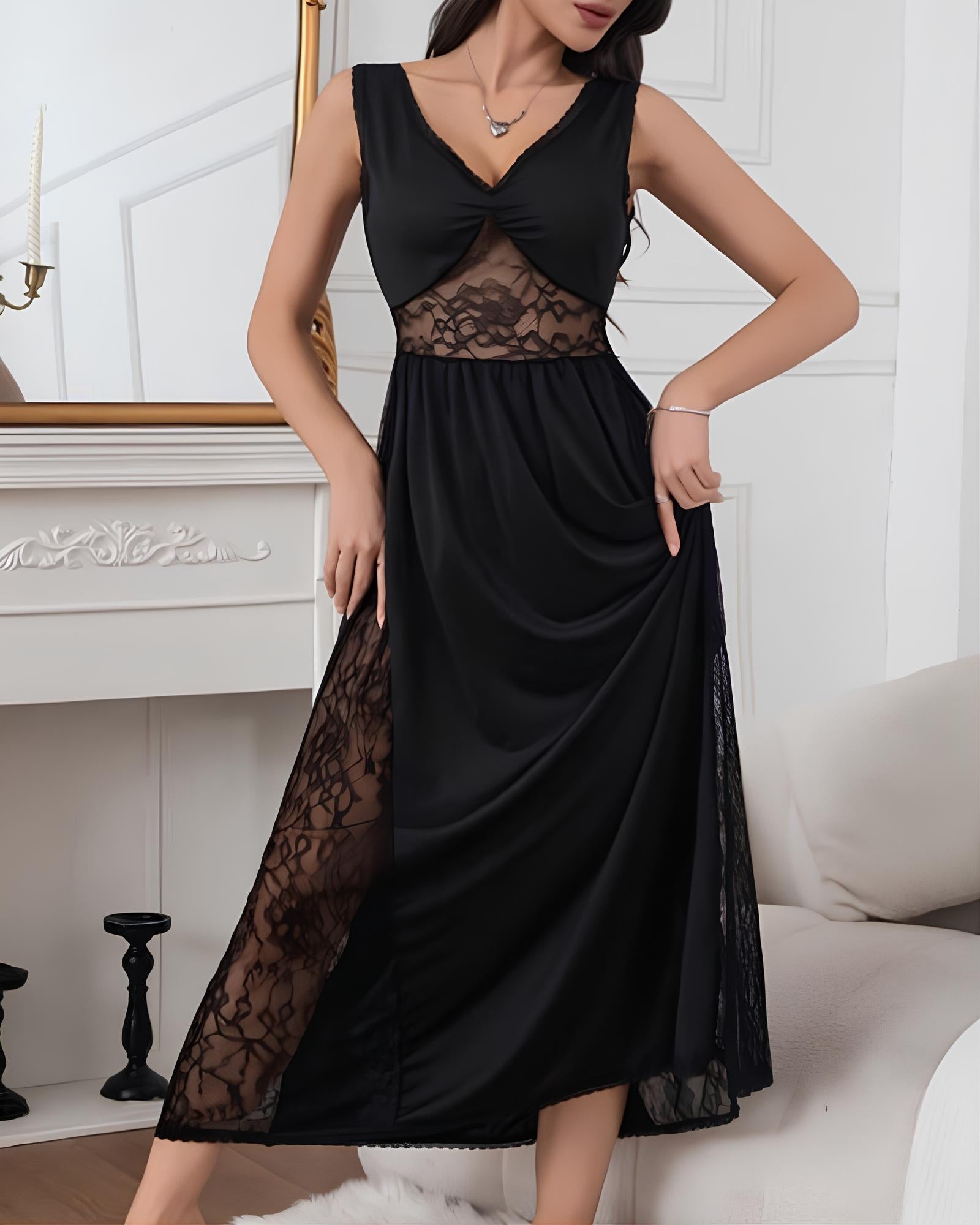 Sexy Deep V See-through Lace Patchwork Long Nightgow