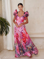 Ruffled Blooming Flowers Print One Piece Swimsuit and Sarong