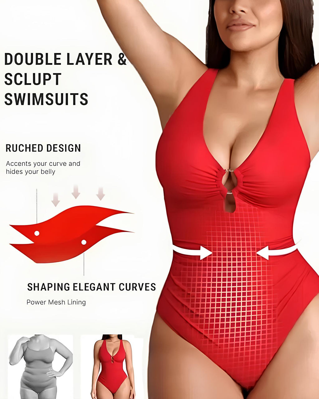 Deep V Solid Color Tummy Control Shaping One-piece Swimsuit