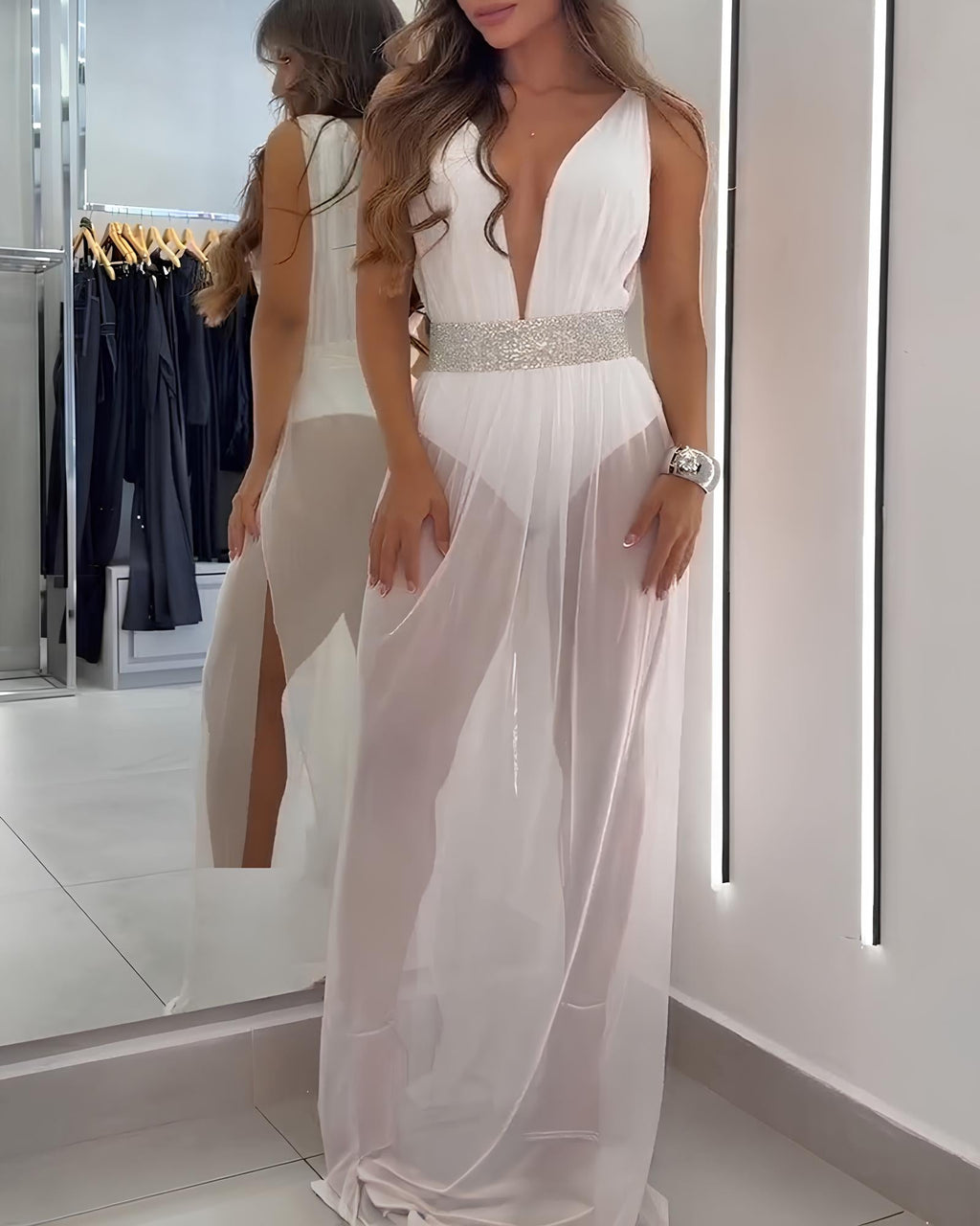 Sexy Deep V Sleeveless White Mesh Slit Long Beach Vacation Dress