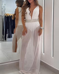 Sexy Deep V Sleeveless White Mesh Slit Long Beach Vacation Dress