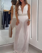 Sexy Deep V Sleeveless White Mesh Slit Long Beach Vacation Dress