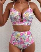 Women's V-neck Floral High-waisted Tummy-control Bikini Swimsuit