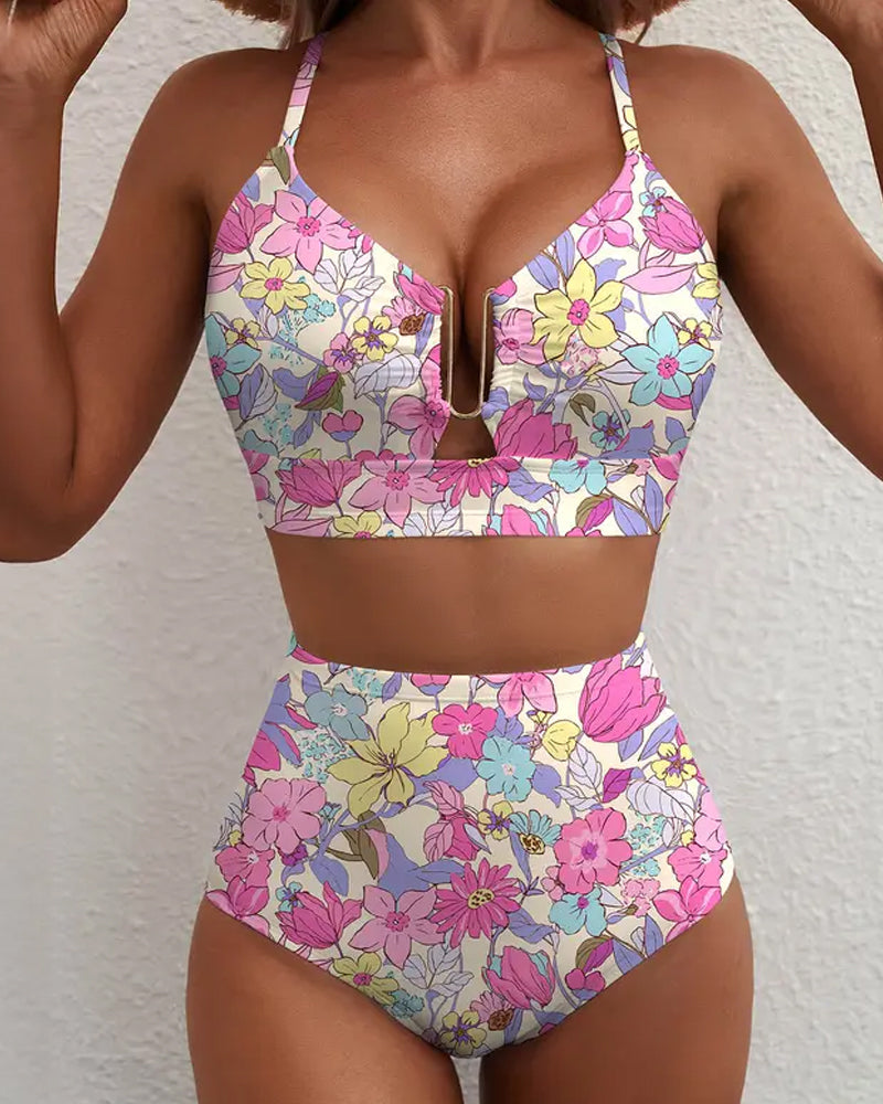 Women's V-neck Floral High-waisted Tummy-control Bikini Swimsuit