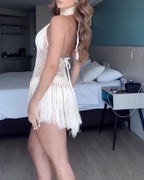 Solid Color Bikini and Round Neck Halter Hollow Backless Tassel Sexy Beach Dress Cover Up