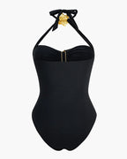 Halterneck Cut Out Swimsuit and Skirt With Flower Hardware Details