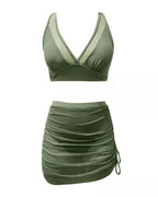 Women's Deep V Tummy Control Shaper Mesh Sheer Sarong Wrap Swimsuit Bikini