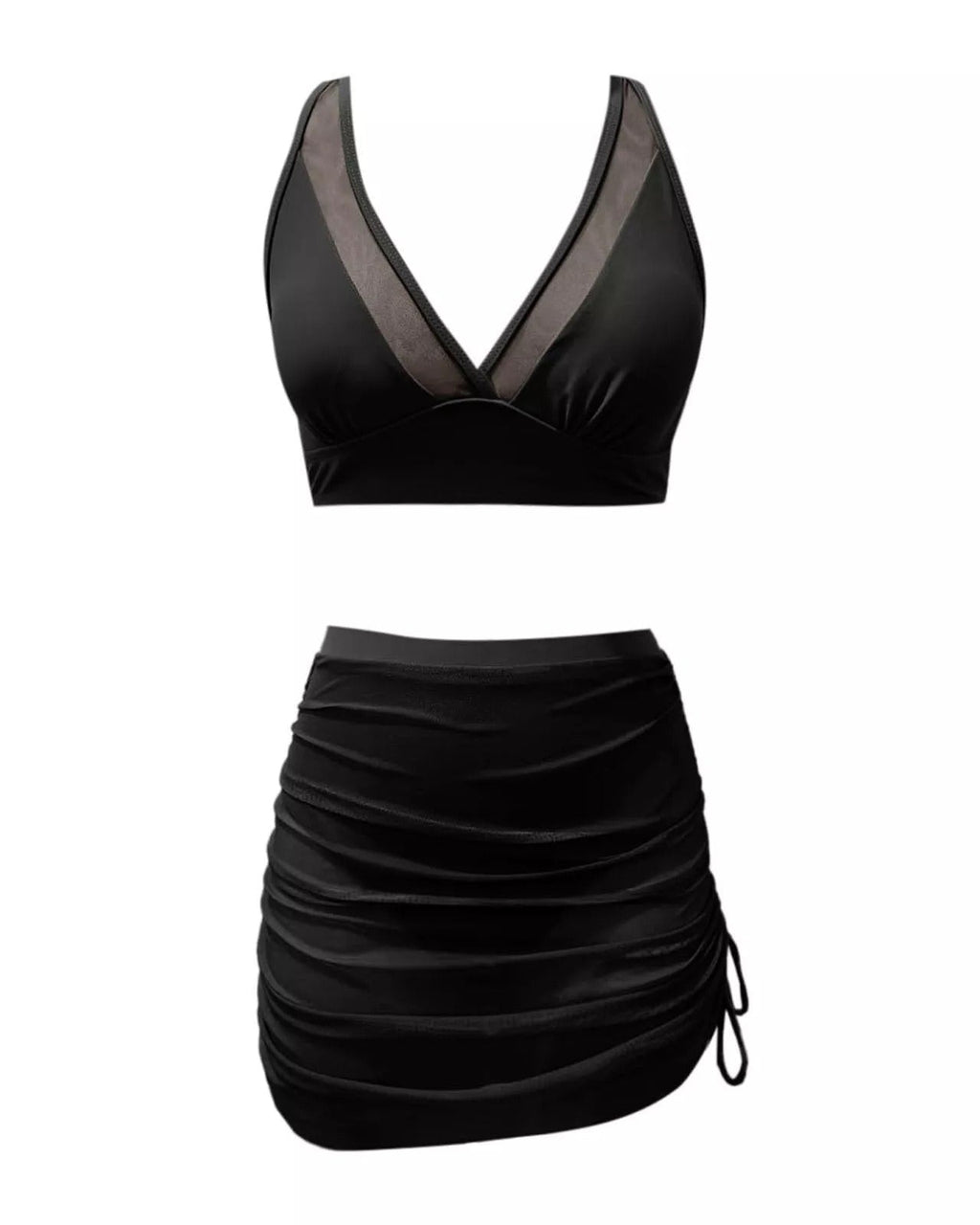 Women's Deep V Tummy Control Shaper Mesh Sheer Sarong Wrap Swimsuit Bikini