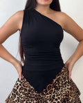 Solid One-Shoulder Sleeveless Stretch Top and Ruffled High-Waist Skirt Shorts