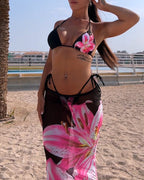 Women's Bikini Sets Floral Print Halter Tie Back Swimsuit with Cover Up Skirt