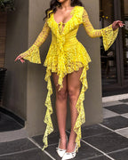 Sexy Lace Ribbon Tie-up Flared Long-sleeved Dress