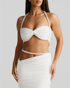 Pearl-embellished Sexy Cropped Tube Top Low-waisted Bodycon Maxi Skirt Suit