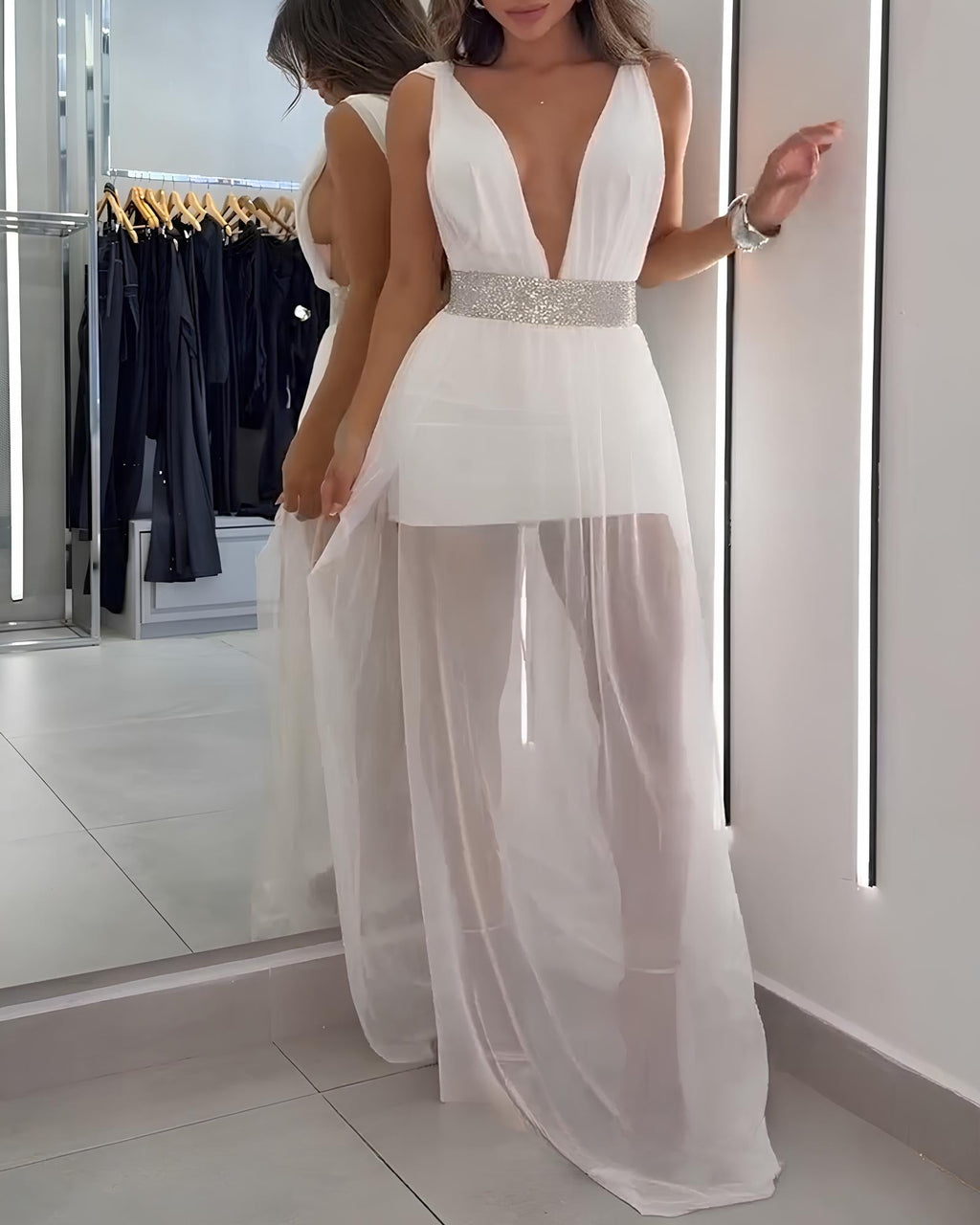Sexy Deep V Sleeveless White Mesh Slit Long Beach Vacation Dress