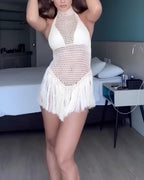 Solid Color Bikini and Round Neck Halter Hollow Backless Tassel Sexy Beach Dress Cover Up