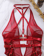 Sexy Holder Backless Metallic Strap See-Through Mesh Bodysuit