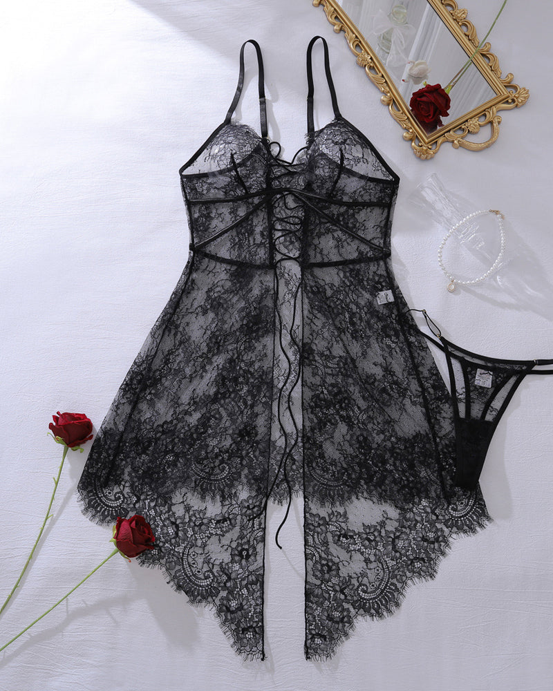 Deep V-neck Sheer Lace Crisscross Back Design Tulle Slip Nightgowns